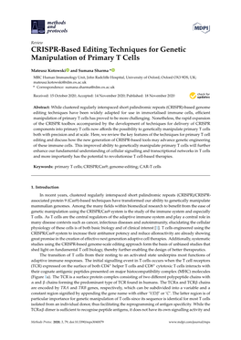 CRISPR-Based Editing Techniques for Genetic Manipulation of Primary T Cells