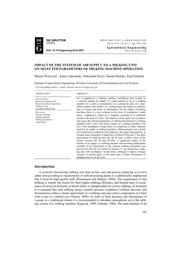 Impact of the System of Air Supply to a Milking Unit on Selected Parameters of Milking Machine Operation