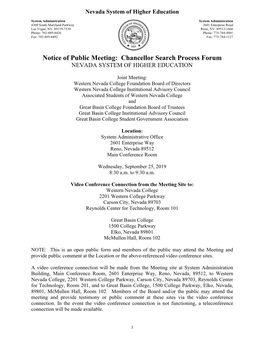 Notice of Public Meeting: Chancellor Search Process Forum NEVADA SYSTEM of HIGHER EDUCATION