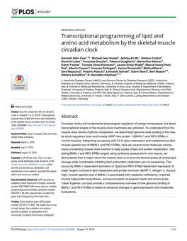 Journal.Pbio.2005886 August 10, 2018 1 / 47 Muscle Clock Directs Diurnal Metabolism