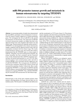 Mir-504 Promotes Tumour Growth and Metastasis in Human Osteosarcoma by Targeting TP53INP1