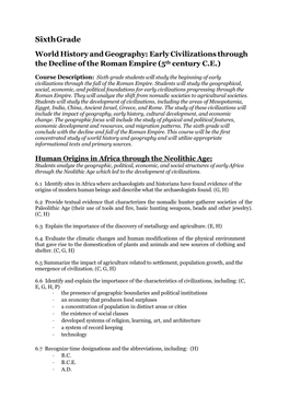 Sixth Grade World History and Geography: Early Civilizations Through the Decline of the Roman Empire (5Th Century C.E.)