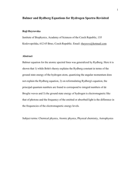 Balmer and Rydberg Equations for Hydrogen Spectra Revisited