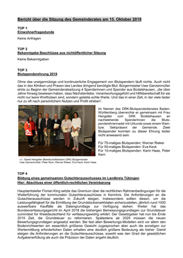 Bericht Über Die Sitzung Des Gemeinderates Am 15. Oktober 2019