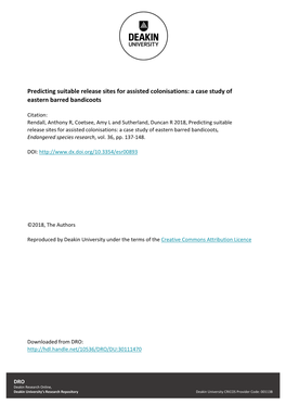 Predicting Suitable Release Sites for Assisted Colonisations: a Case Study of Eastern Barred Bandicoots