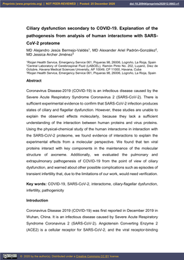 Ciliary Dysfunction Secondary to COVID-19. Explanation of the Pathogenesis from Analysis of Human Interactome with SARS