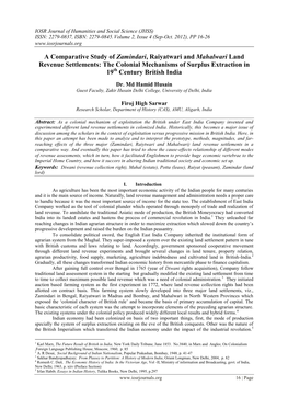 A Comparative Study of Zamindari, Raiyatwari and Mahalwari Land Revenue Settlements: the Colonial Mechanisms of Surplus Extraction in 19Th Century British India