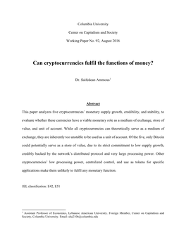 Can Cryptocurrencies Fulfil the Functions of Money?