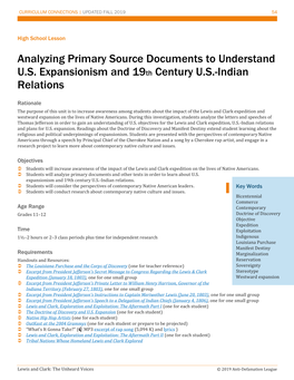 Analyzing Primary Source Documents to Understand U.S. Expansionism and 19Th Century U.S.-Indian Relations