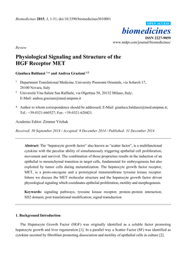 Physiological Signaling and Structure of the HGF Receptor MET