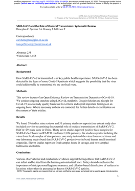 SARS-Cov-2 and the Role of Orofecal Transmission: Systematic Review Heneghan C, Spencer EA, Brassey J, Jefferson T