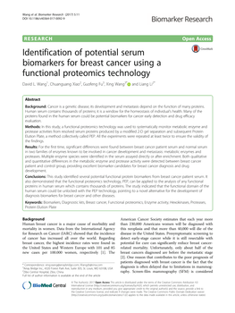 Identification of Potential Serum Biomarkers for Breast Cancer Using a Functional Proteomics Technology David L