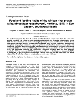 Food and Feeding Habits of the African River Prawn (Macrobrachium Vollenhovenii, Herklots, 1857) in Epe Lagoon, Southwest Nigeria