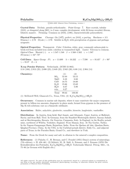 Polyhalite K2ca2mg(SO4)4 • 2H2O C 2001-2005 Mineral Data Publishing, Version 1