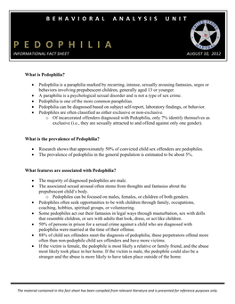 P E D O P H I L I a Informational Fact Sheet August 10, 2012