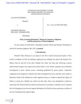 UNITED STATES DISTRICT COURT SOUTHERN DISTRICT of INDIANA INDIANAPOLIS DIVISION ALLENN PETERSON, Plaintiff, V. JENNIFER FRENCH