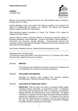 1 Rother District Council CABINET 3 October 2016 Minutes of The