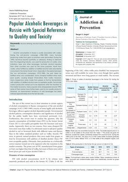 Popular Alcoholic Beverages in Russia with Special Reference to Quality and Toxicity
