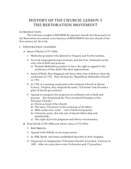 History of the Church: Lesson 5 the Restoration Movement