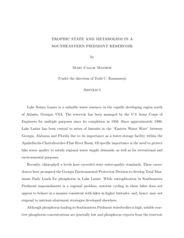 Trophic State and Metabolism in a Southeastern Piedmont Reservoir