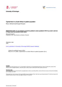 Typhoid Fever in a South African In-Patient Population Khan, Mohammad Enayet Hossain