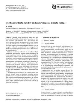 Methane Hydrate Stability and Anthropogenic Climate Change