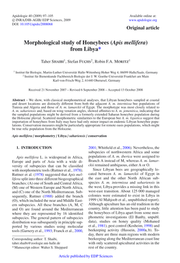 Morphological Study of Honeybees (Apis Mellifera) from Libya*