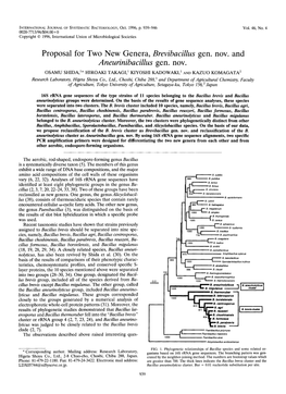 Proposal for Two New Genera, Brevibacillus Gen. Nov. and Aneurinibacillus Gen