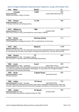 Year Make Model Cc South of England Realclassic Motorcycle Show