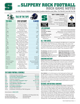 (RV) SLIPPERY ROCK FOOTBALL ROCK GAME NOTES Jon Holtz, Director of Athletic Communication | Jonathan.Holtz@Sru.Edu | Office: 724.738.4925| Cell: 585.734.2185