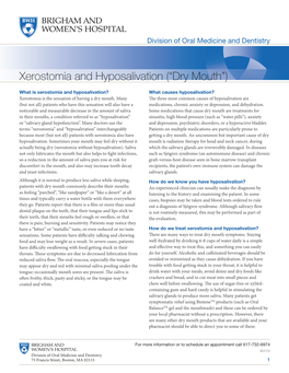 Xerostomia and Hyposalivation (“Dry Mouth”)