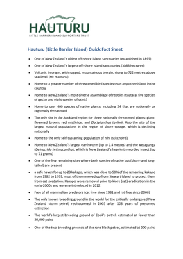 Hauturu (Little Barrier Island) Quick Fact Sheet