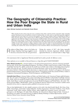 The Geography of Citizenship Practice: How the Poor Engage the State in Rural and Urban India Adam Michael Auerbach and Gabrielle Kruks-Wisner