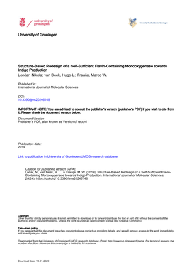 Structure-Based Redesign of a Self-Sufficient Flavin-Containing Monooxygenase Towards Indigo Production Lončar, Nikola; Van Beek, Hugo L.; Fraaije, Marco W