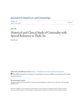 Historical and Clinical Study of Criminality with Special Reference to Theft, an Fred Brown