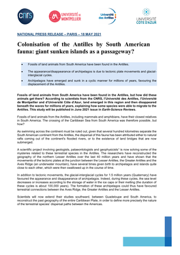 Colonisation of the Antilles by South American Fauna: Giant Sunken Islands As a Passageway?