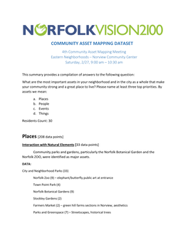 COMMUNITY ASSET MAPPING DATASET 4Th Community Asset Mapping Meeting Eastern Neighborhoods – Norview Community Center Saturday, 2/27, 9:00 Am – 10:30 Am