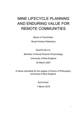 Mine Lifecycle Planning and Enduring Value for Remote Communities