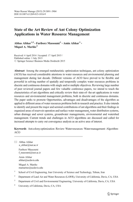 State of the Art Review of Ant Colony Optimization Applications in Water Resource Management