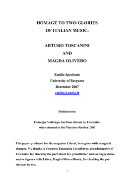 Homage to Two Glories of Italian Music: Arturo Toscanini and Magda Olivero