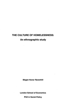 THE CULTURE of HOMELESSNESS: an Ethnographic Study