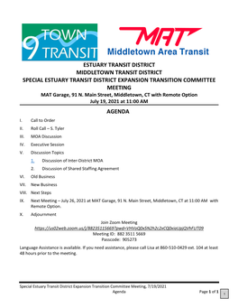 ESTUARY TRANSIT DISTRICT MIDDLETOWN TRANSIT DISTRICT SPECIAL ESTUARY TRANSIT DISTRICT EXPANSION TRANSITION COMMITTEE MEETING MAT Garage, 91 N