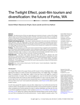 The Twilight Effect, Post-Film Tourism and Diversification: the Future of Forks, WA