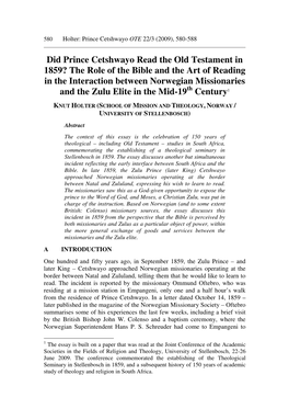 Did Prince Cetshwayo Read the Old Testament in 1859? the Role of the Bible and the Art of Reading in the Interaction Between