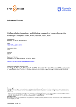 Glial Contribution to Excitatory and Inhibitory Synapse Loss in Neurodegeneration Henstridge, Christopher; Tzioras, Makis; Paolicelli, Rosa Chiara