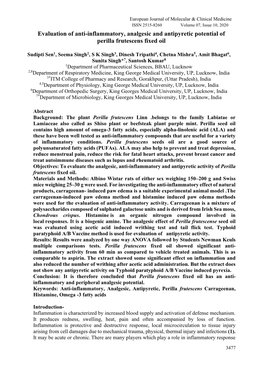 Evaluation of Anti-Inflammatory, Analgesic and Antipyretic Potential of Perilla Frutescens Fixed Oil