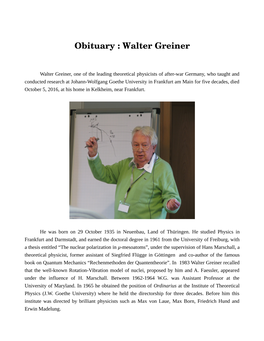 Obituary : Walter Greiner