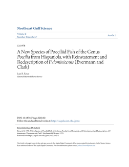 A New Species of Poeciliid Fish of the Genus Poecilia from Hispaniola, with Reinstatement and Redescription of P