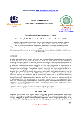 Spiroplasmas Infectious Agents of Plants