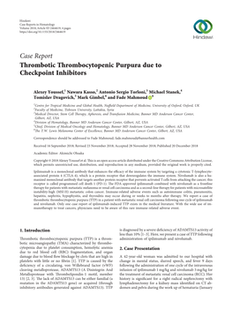 Thrombotic Thrombocytopenic Purpura Due to Checkpoint Inhibitors